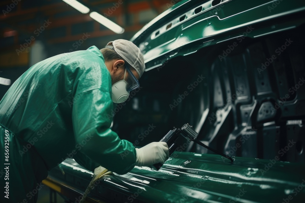 Poster a man wearing a gas mask and green jacket is seen working on a piece of equipment. this image can be
