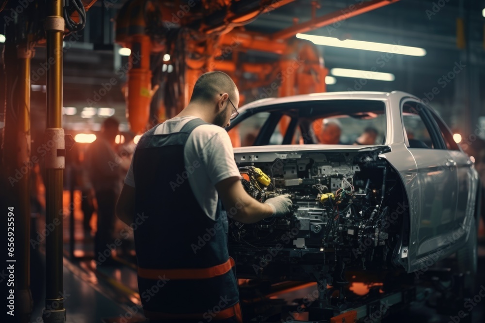 Poster a man is seen working on a car in a garage. this image can be used to illustrate automotive repairs 