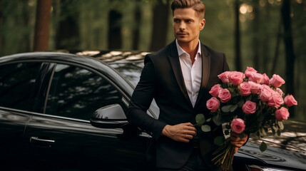 A man in a suit with a bouquet of roses near a beautiful car - obrazy, fototapety, plakaty