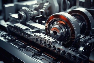Fototapeta premium A detailed close-up of a machine with gears. This image can be used to depict machinery, mechanics, or industrial processes.