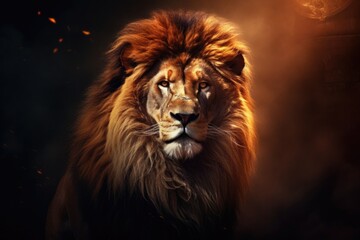 A close-up view of a lion's face against a black background. This image can be used to depict the fierce and powerful nature of the lion. Ideal for wildlife documentaries, animal conservation campaign