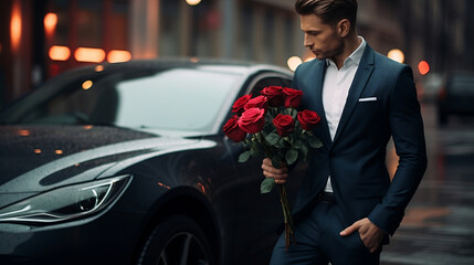A man in a suit with a bouquet of roses near a beautiful car - obrazy, fototapety, plakaty