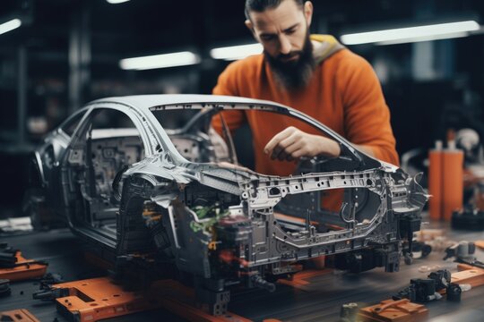 A man is seen working on a car in a factory. This image can be used to showcase automotive repairs or manufacturing processes.