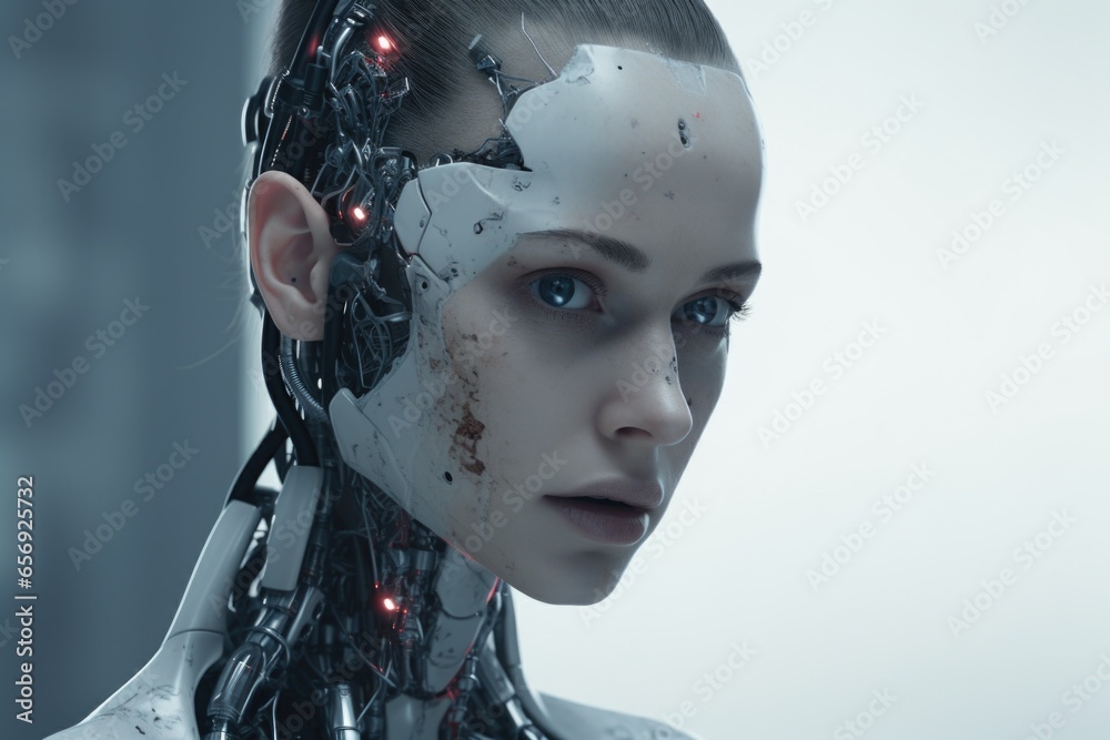 Poster A woman is depicted with a robot head and a red light illuminating her face. This unique image can be used in various creative projects and futuristic concepts.