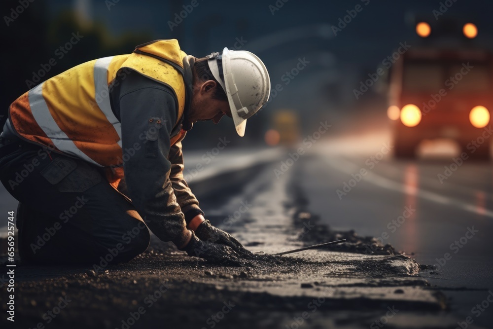 Poster A construction worker is hard at work on a road. This image can be used to showcase construction, infrastructure, and roadwork projects.