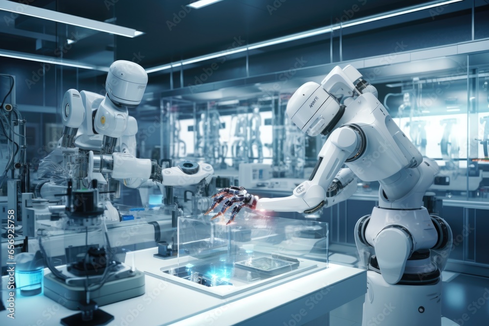 Poster Two robots diligently working in a science lab. This image can be used to depict advanced technology, artificial intelligence, innovation, or futuristic research.
