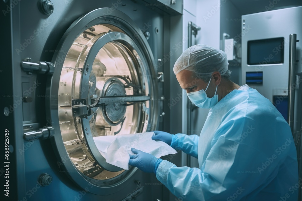 Poster A man wearing a lab coat and mask stands in front of a machine. This image can be used to represent scientific research, laboratory work, or industrial processes.
