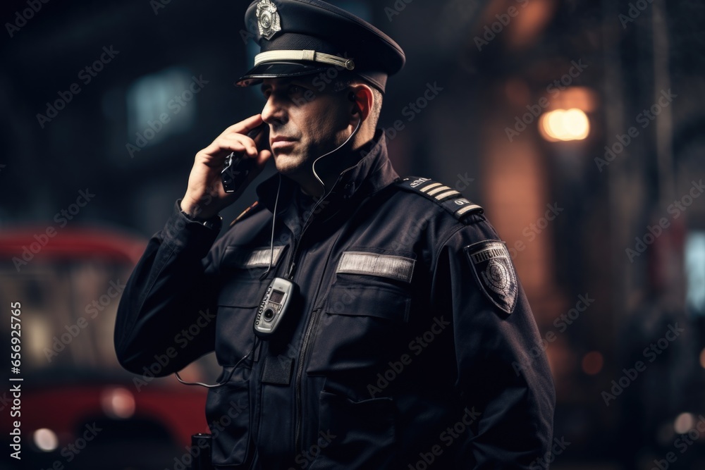 Poster a police officer engaged in a phone conversation, multitasking while on duty. suitable for illustrat
