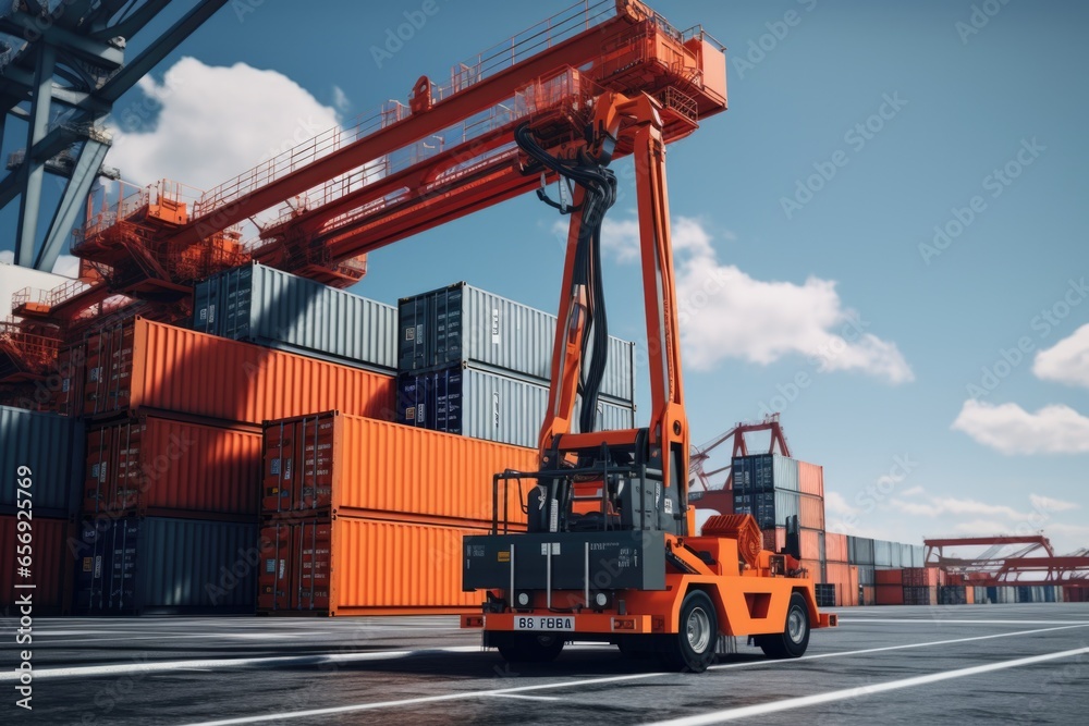 Poster a forklift is parked in front of a container dock. this image can be used to depict logistics, trans