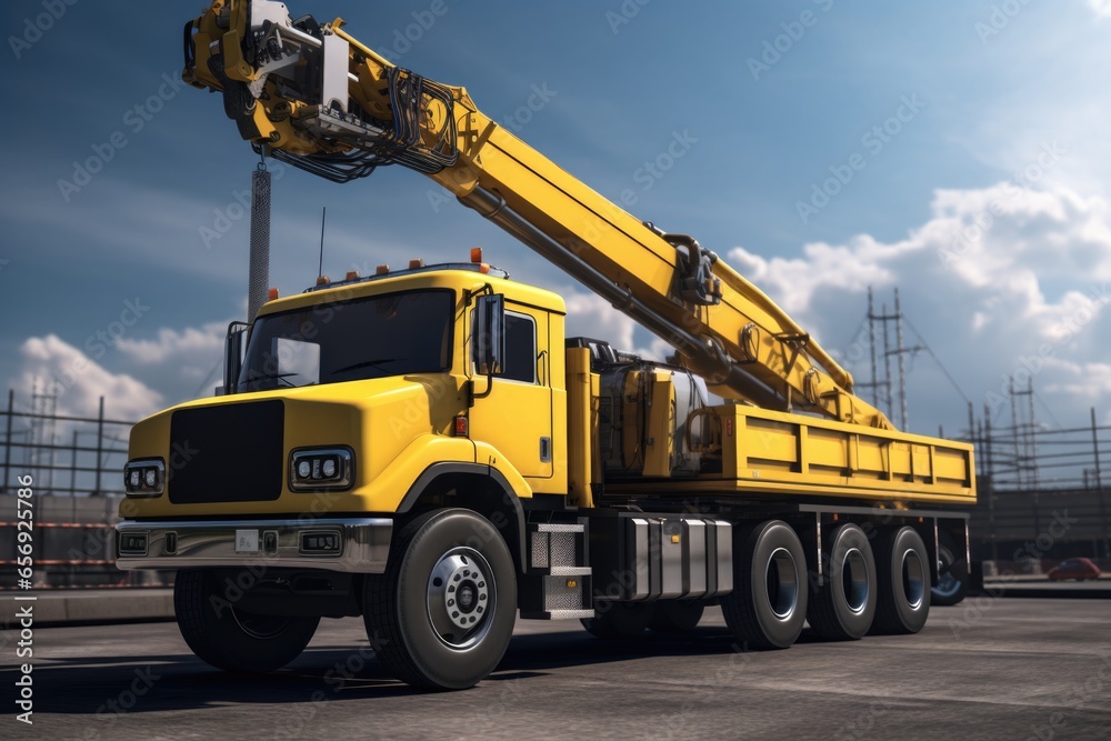Poster a picture of a large yellow truck with a crane on its back. this image can be used to depict constru
