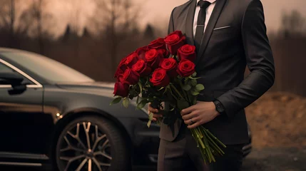 Deurstickers A man in a suit with a bouquet of roses near a beautiful car © Taisiia