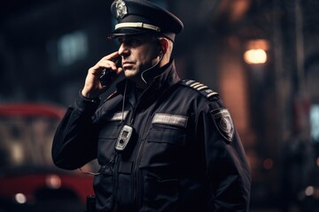 A police officer engaged in a phone conversation, multitasking while on duty. Suitable for illustrating modern law enforcement techniques and communication methods.