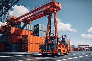 A forklift is parked in front of a container dock. This image can be used to depict logistics, transportation, and industrial operations.