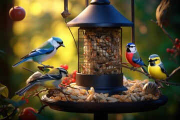 Naklejka premium A group of birds sitting on top of a bird feeder. This image can be used to showcase wildlife, bird watching, or nature in general.