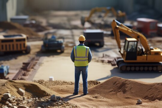 A construction worker standing in front of a construction site. This image can be used to represent construction, building projects, and labor.