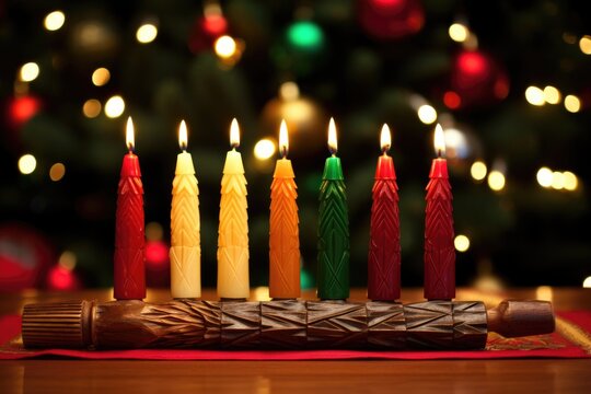 wooden carving of seven kwanzaa candles