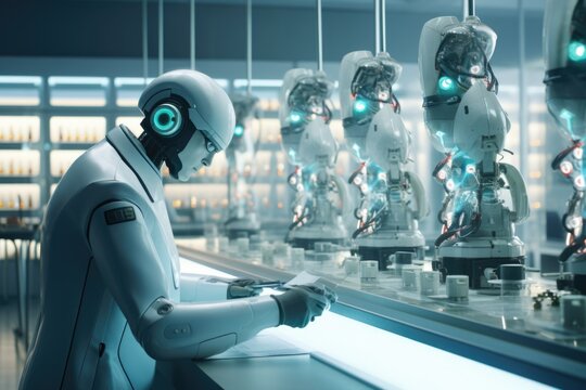 A man is seen sitting in front of a counter with robots standing behind him. This image can be used to depict human interaction with technology or the future of automation.