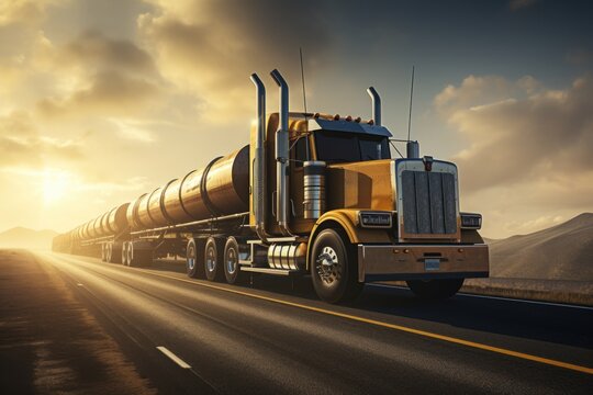 A large semi truck driving down a road. Suitable for transportation and logistics themes.