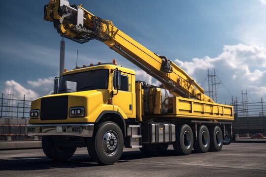 A picture of a large yellow truck with a crane on its back. This image can be used to depict construction, transportation, or industrial themes.