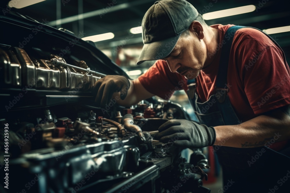 Poster a man is seen working on a machine in a factory. this image can be used to depict industrial work, m