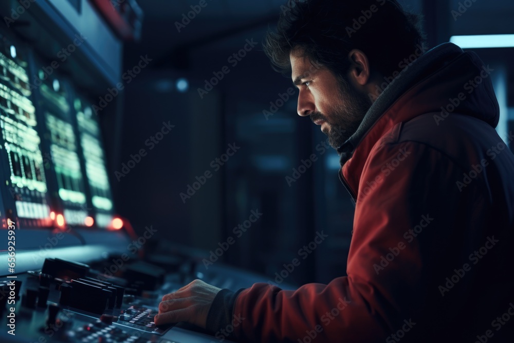 Poster a man is seen working on a computer in a dimly lit room. this image can be used to depict late-night
