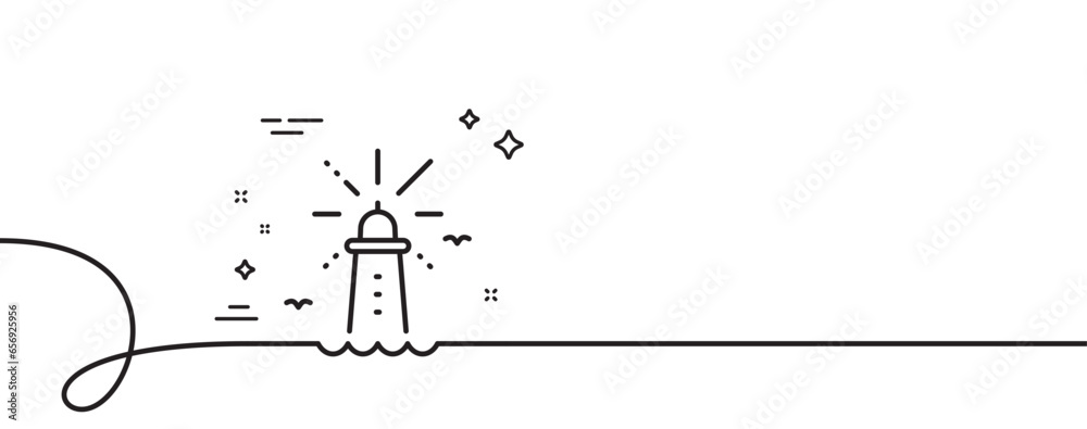 Poster lighthouse line icon. continuous one line with curl. beacon tower sign. searchlight building symbol.