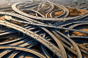 Aerial view of a highway intersection with multiple lanes. Perfect for illustrating urban infrastructure and transportation systems.