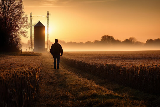 Farmer walking through corn field at dawn grain silo