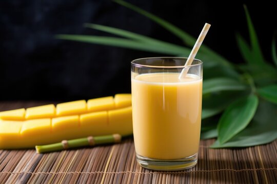 mango juice in a curved glass with a bamboo straw