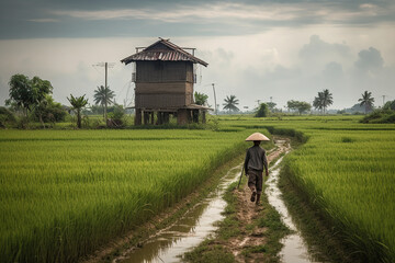 Farmers walk through growing rice fields rice silos - obrazy, fototapety, plakaty