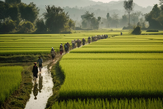 Farmers walk through growing rice fields rice silos
