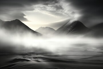 A customizable banner for creative content, rendered in black and white, showcasing misty water with mountains, providing an atmospheric canvas for your design. Photorealistic illustration