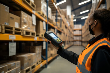female staff using digital barcode scanner working checking stock in logistic warehouse - obrazy, fototapety, plakaty