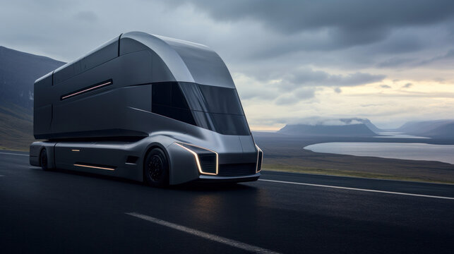 3D illustration of futuristic electric ground transport truck on the highway.