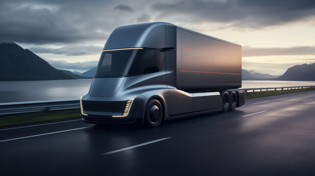 3D illustration of futuristic electric ground transport truck on the highway.