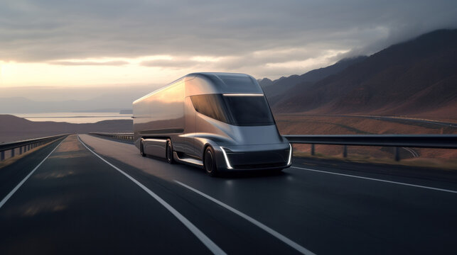 3D illustration of futuristic electric ground transport truck on the highway.
