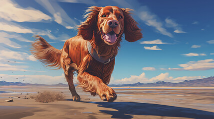 Dog, the red Irish Setter, bounding along the sandy beach, his fur gleaming in the sunlight, running dog on the beach