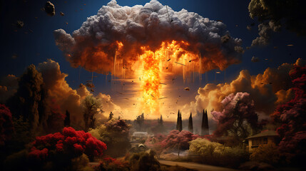 Nuclear warhead, mushroom cloud, flowers and tress, intricate details, nuke, explosion 