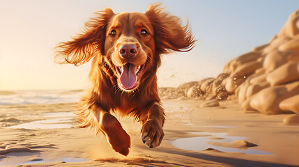 Dog, the red Irish Setter, bounding along the sandy beach, his fur gleaming in the sunlight, running dog on the beach - obrazy, fototapety, plakaty