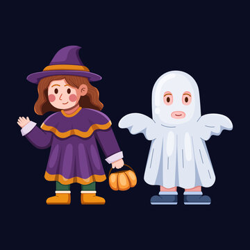 purple witch and ghost halloween characters clip art preview