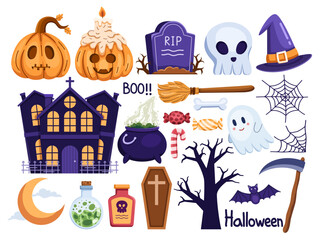 Set object elements Halloween vector illustration, from spooky houses to pumpkins, gravestones, a witch's pot, etc. This collection is perfect for creating eerie and festive Halloween graphics.