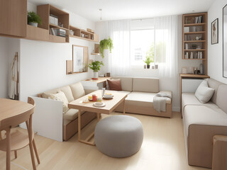 small apartment with multi-functional furniture, such as a sofa that transforms into a bed or a dining table that doubles as a workspace