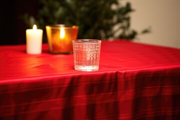lit kinara on a red tablecloth with a white border