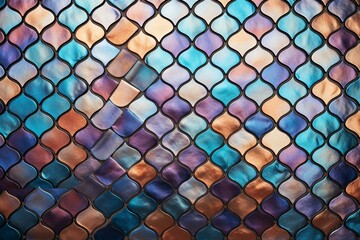 Arrangement of polished tiles in fish scale mosaic pattern forming a 3D block background. Generative AI