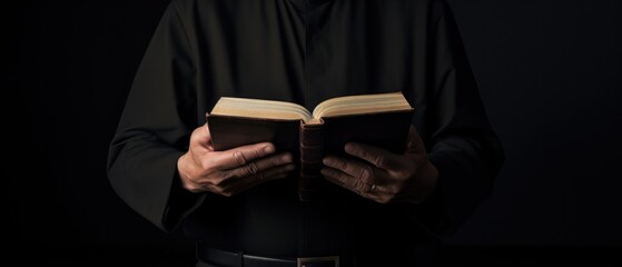 Priest Reads Bible In Church . Сoncept Religious Services, Christian Worship, Bible Study, Sermons - obrazy, fototapety, plakaty