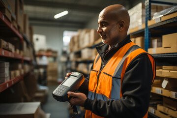 male staff using digital barcode scanner working checking stock in logistic warehouse - obrazy, fototapety, plakaty