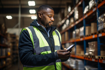 African American male staff use digital barcode scanner working checking stock in logistic warehouse