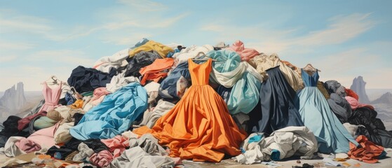 Dump Of Used Clothes Signifies Fast Fashions Impact . Сoncept Fast Fashion, Environmental Impact, Textile Waste, Secondhand Clothing. - obrazy, fototapety, plakaty
