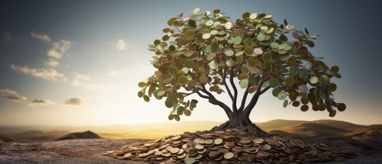 Esg Concept, Tree On Coins, Sustainable Organizational Development . Сoncept Green Energy, Financial Planning, Environmental Sustainability, Corporate Social Responsibility - obrazy, fototapety, plakaty