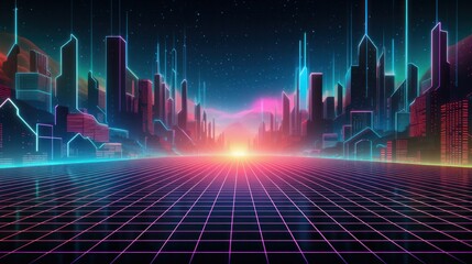 Futuristic night city, bright and glowing neon purple and blue lights. Cyberpunk and retro wave style illustration.